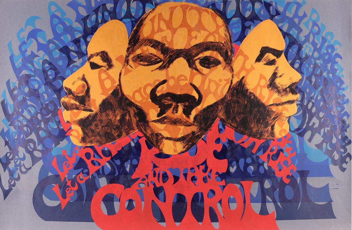 Barbara Jones Hogu’s “Rise and Take Control” screenprint is part of the AFRICOBRA exhibit at MOCA.