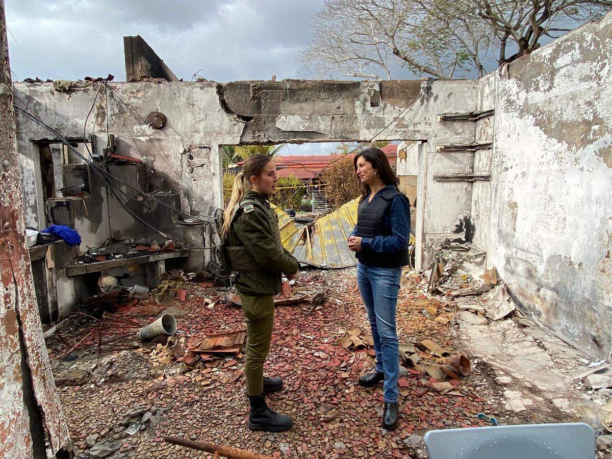 Documentary filmmaker Wendy Sachs interviews IDF soldier Maya Bentwich at Kfar Aza, the site of the Hamas attacks, in southern Israel.