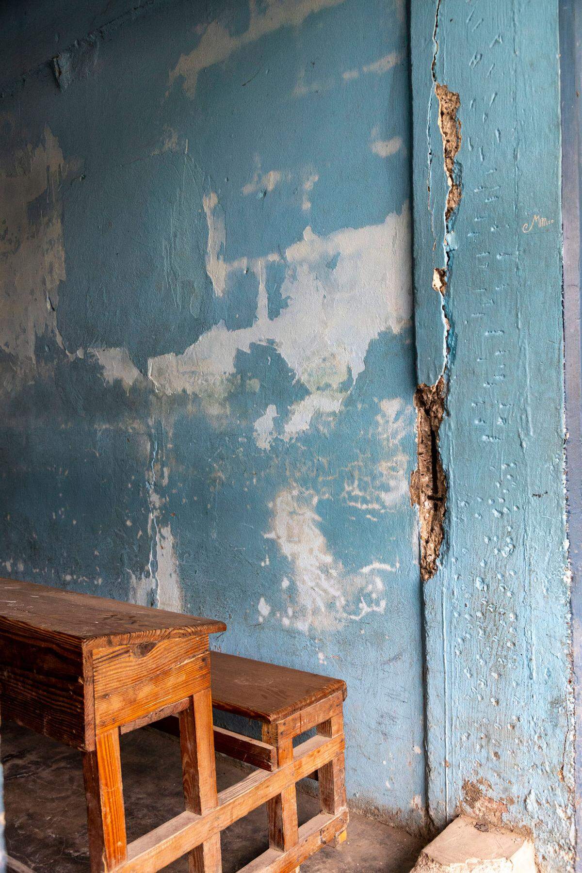 The entrance to aclassroom at Lycée Pinchinat school in Jacmel. Despite the general state of disrepair the building will open for classes.