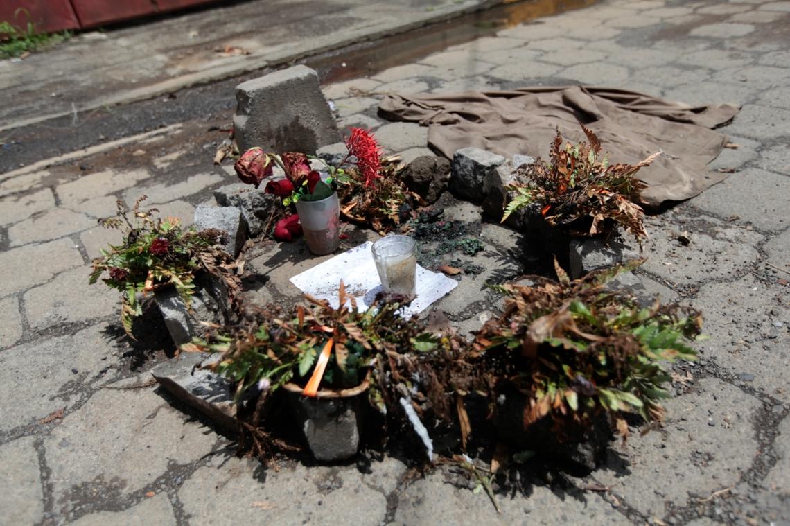 A shrine marks the place where 26-year-old Donald López was killed by a police officer in Masaya, Nicaragua, during clashes between protesters and government forces on June 2, 2018.