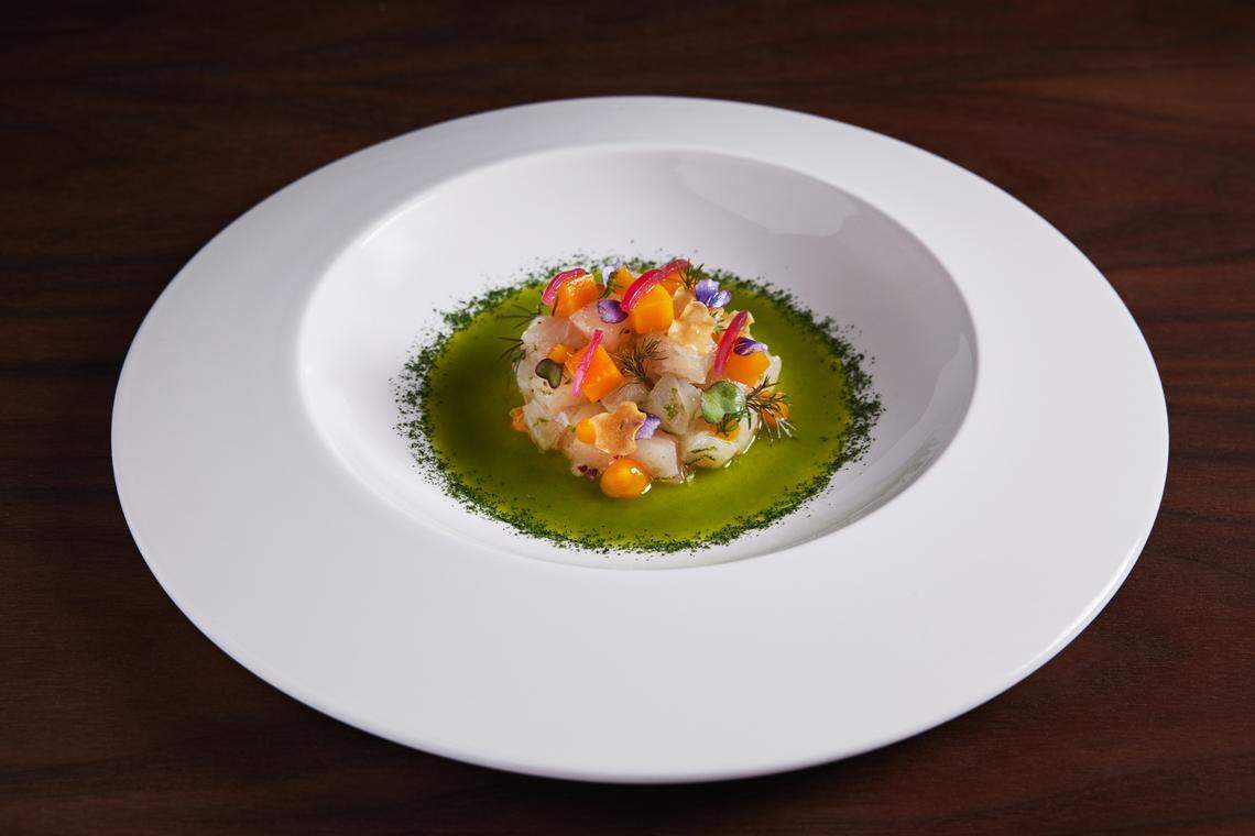 Ceviche, avocado and mango, the first course of the six-course tasting menu at Tambourine Room.