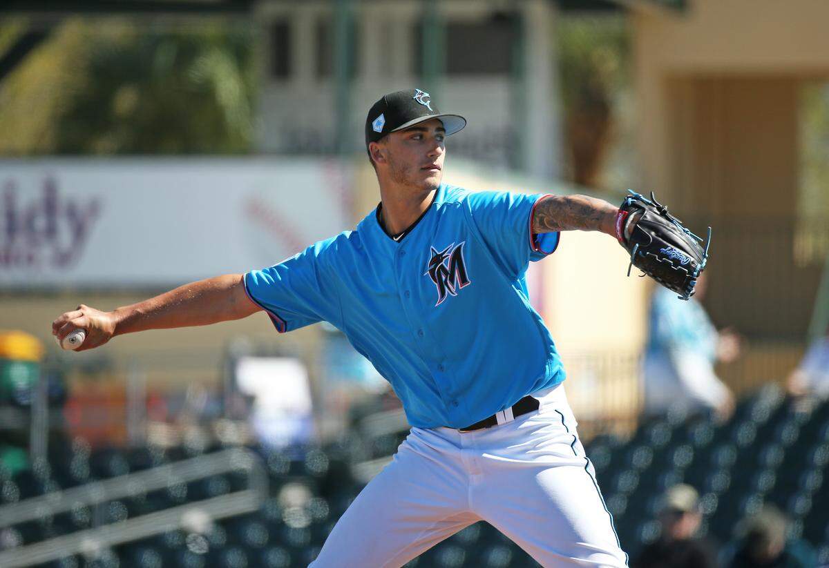 Miami Marlins pitcher Jordan Holloway (78) adjusted how he throws his change-up this offseason and it has the potential to be a great complement to his fastball that hits 99 mph.