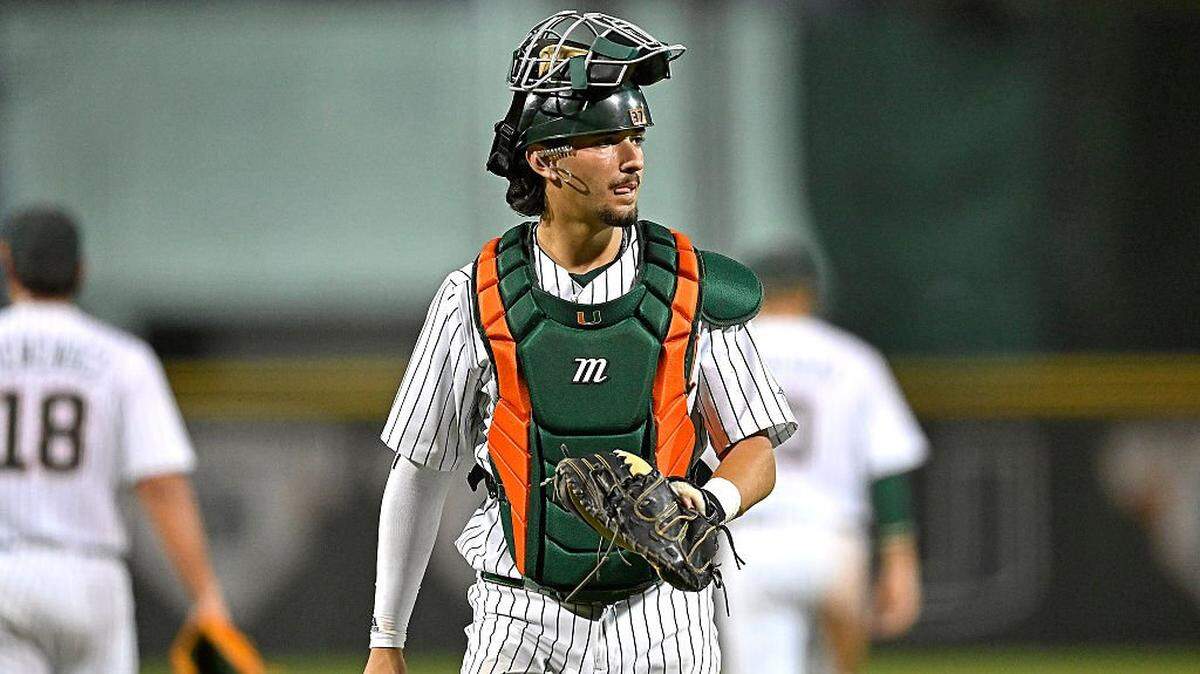CORAL GABLES - MAY 08:  Miami catcher Alonzo Alvarez (37) looks to the dugout after a trip to the mound in the eighth inning as the Miami Hurricanes faced the Louisville Cardinals on May 8, 2026, at Mark Light Field at Alex Rodriguez Park in Coral Gables, FL. (Photo by Samuel Lewis/Icon Sportswire via Getty Images)