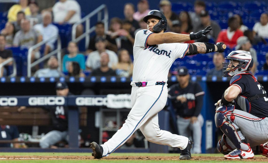 Miami Marlins catcher Agustín Ramírez (50) strikes out against the Minnesota Twins in the second inning of their MLB game at loanDepot park on Wednesday, July 2, 2025, in Miami, Fla.