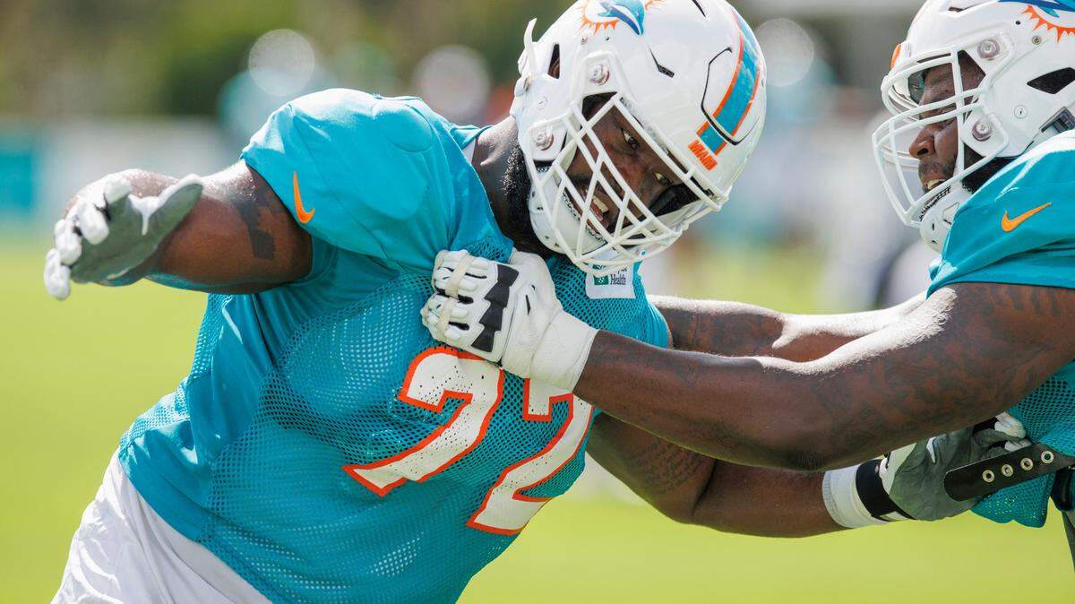 Miami Dolphins offensive tackles Terron Armstead (72) and Greg Little (75) does drills during an NFL football training camp with the Philadelphia Eagles at Baptist Health Training Complex in Hard Rock Stadium on Wednesday, August 24, 2022 in Miami Gardens, Florida.