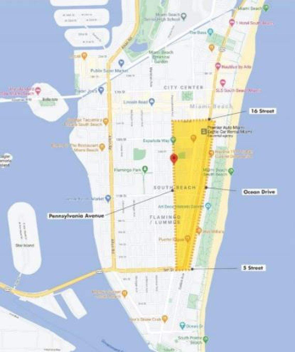 The yellow area is the part of South Beach that will be shut down by an 8 p.m. to 6 a.m. curfew from Thursday through Sunday.