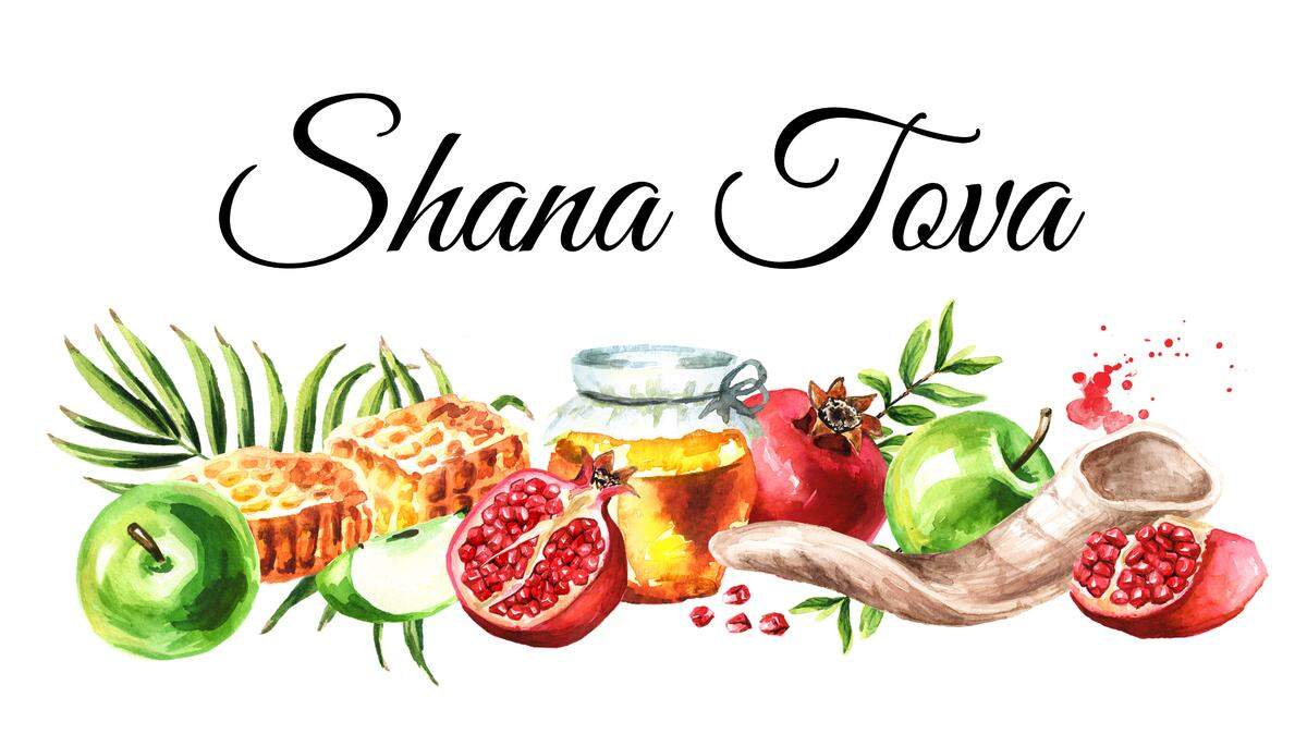 Pomegranate, apple and honeycomb border, Jewish new year, Rosh Hashanah, Shana Tova card. Hand drawn watercolor illustration isolated on white background