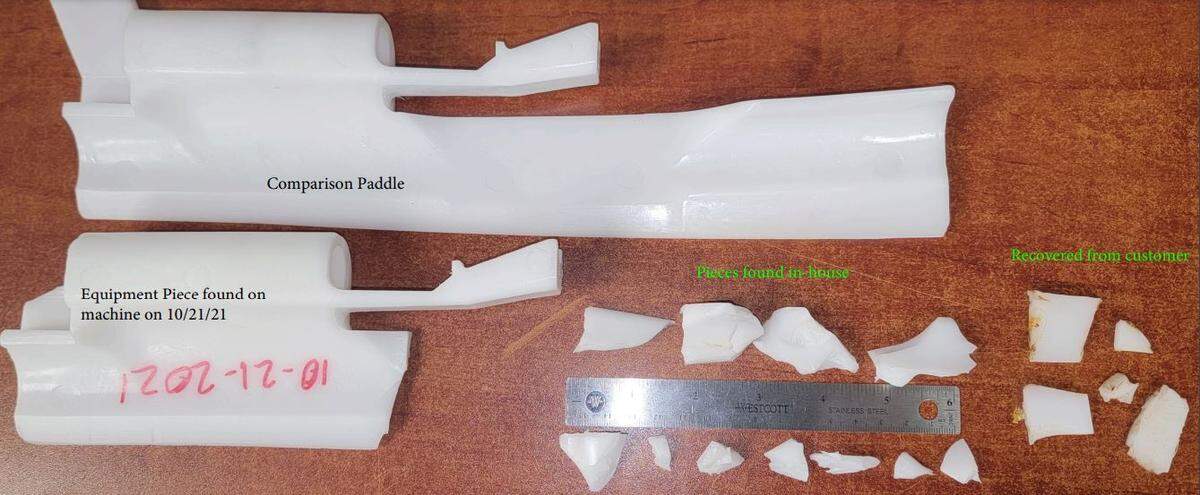 Shamrock Foods shows the plastic found by customers in the beef and the machine paddle from which the plastic came