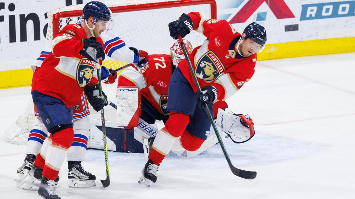 Florida Panthers defenseman Dmitry Kulikov (7) defends the goal during the second period of a game against the New York Rangers on Monday, April 14, 2025, at Amerant Bank Arena in Sunrise, Fla.