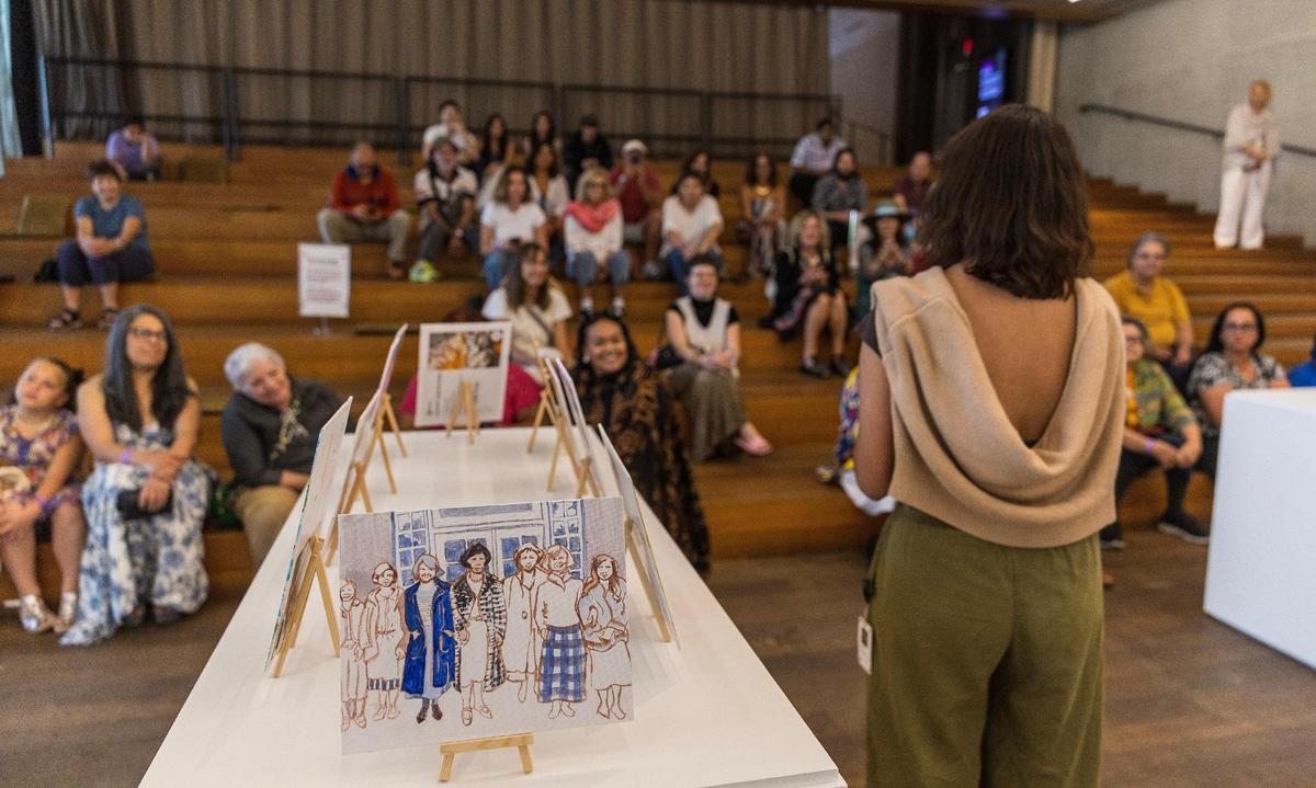 Nicole Combeau, program coordinator at PAMM, welcomes artists and guests during the PAMM Creative Aging Series: Spring Painting Showcase.