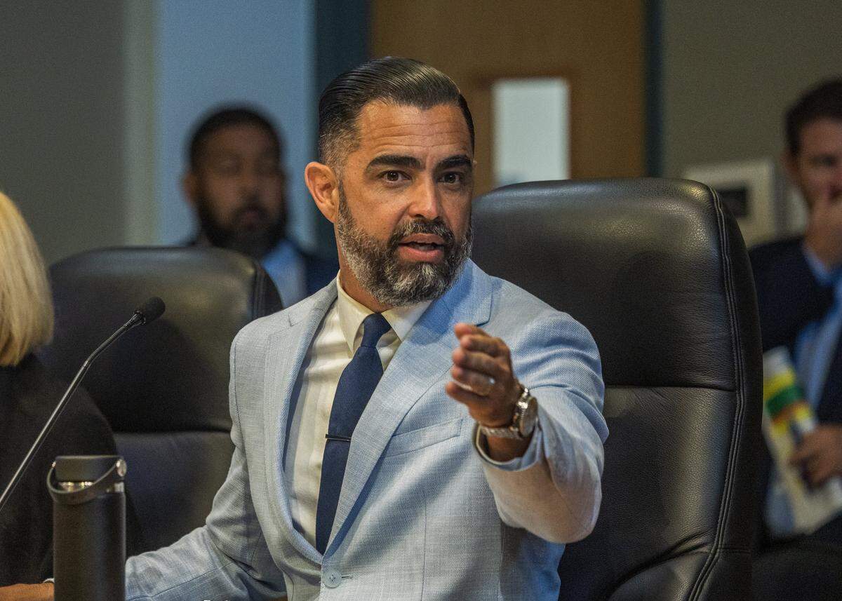 City Manager James Reyes reacts, during a City of Miami Commission meeting, at City Hall, on Thursday April 09, 2026.