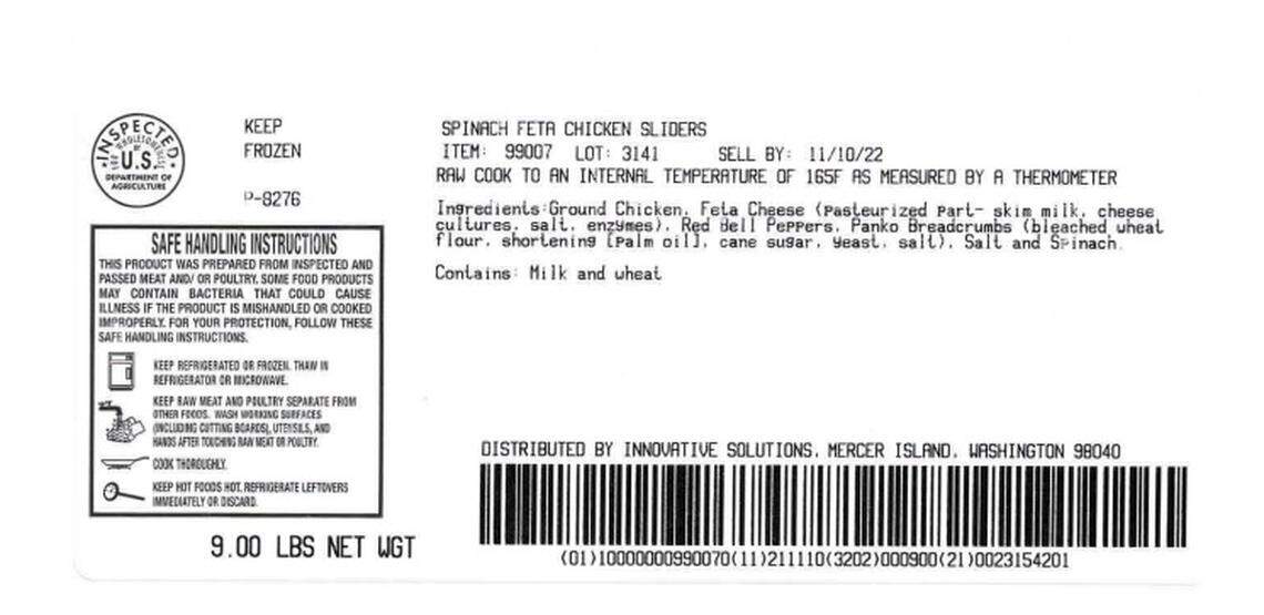 Nine pound bulk-pack boxes containing 72 pieces of Spinach Feta Chicken Sliders with lot codes 2361 or 2631 have been recalled on Nov. 10, 2021. This is the label.