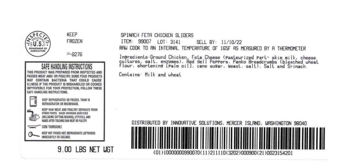 Nine pound bulk-pack boxes containing 72 pieces of Spinach Feta Chicken Sliders with lot codes 2361 or 2631 have been recalled on Nov. 10, 2021. This is the label.