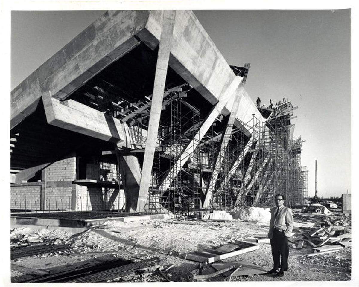 Miami Marine Stadium architect Hilario Candela stands in front of the stadium during construction in 1963.