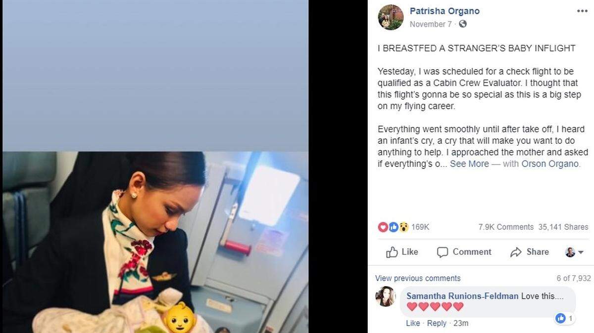 Phillippine Airlines flight attendant Patrisha Organo wrote on her Facebook page that she breast fed a passenger’s baby when the mother ran out of formula for her infant.