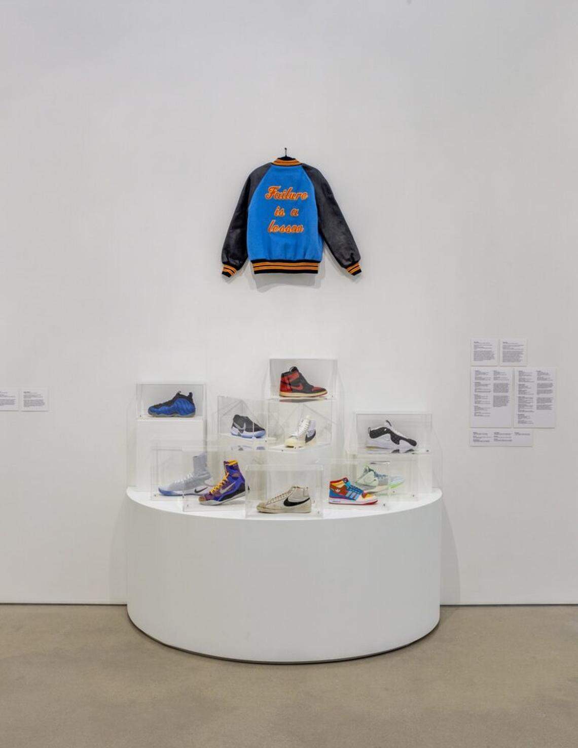 Work by Cheryl Pope. Top: variety jacket from the series I’VE BEEN HEARD, 2016. Below, customized sneakers.