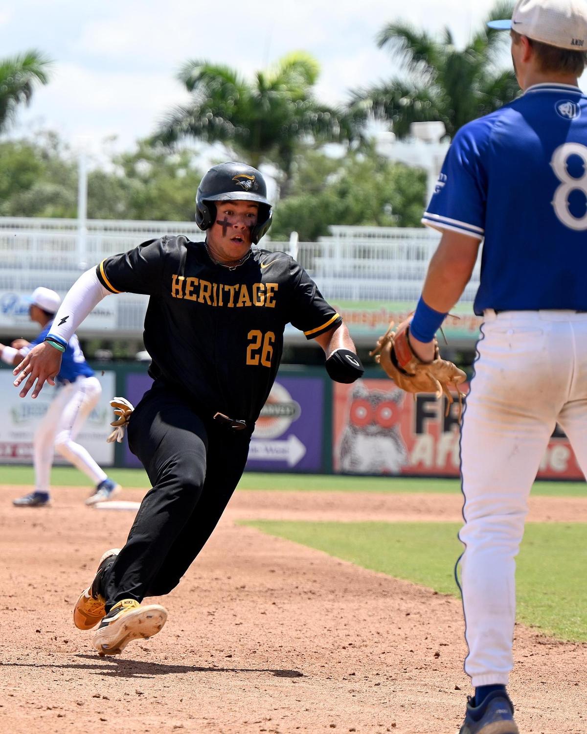 American Heritage Rafael Furcal (26) just before he rounds third base during their game with Tampa Jesuit in a boys 5A baseball state championship matchup in Fort Myers, Fla., Wednesday, May 24, 2023. (Photo/Chris Tilley)
