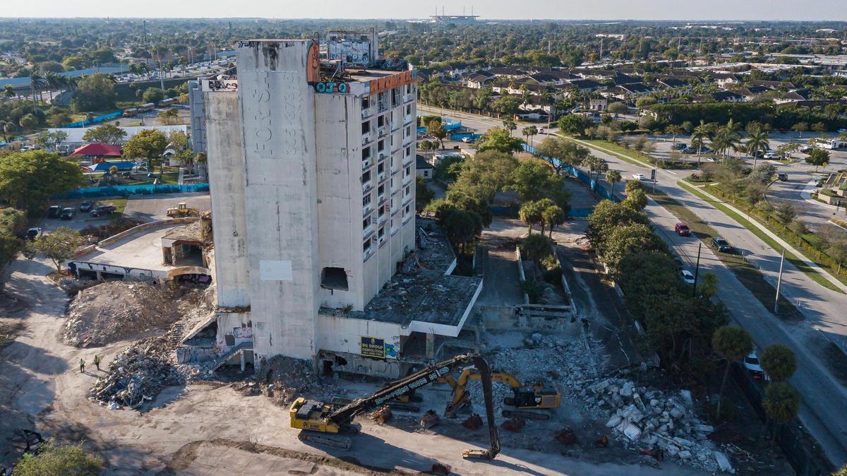 Aerial view of the former Parkway Medical Center West near the Palmetto Expressway at the Golden Glades Interchange on Tuesday, Feb. 28, 2023, in Miami Gardens, Fla. The 11-story building is in the process of being demolished and will be replaced with a hotel that features a convention center and a wedding venue.
