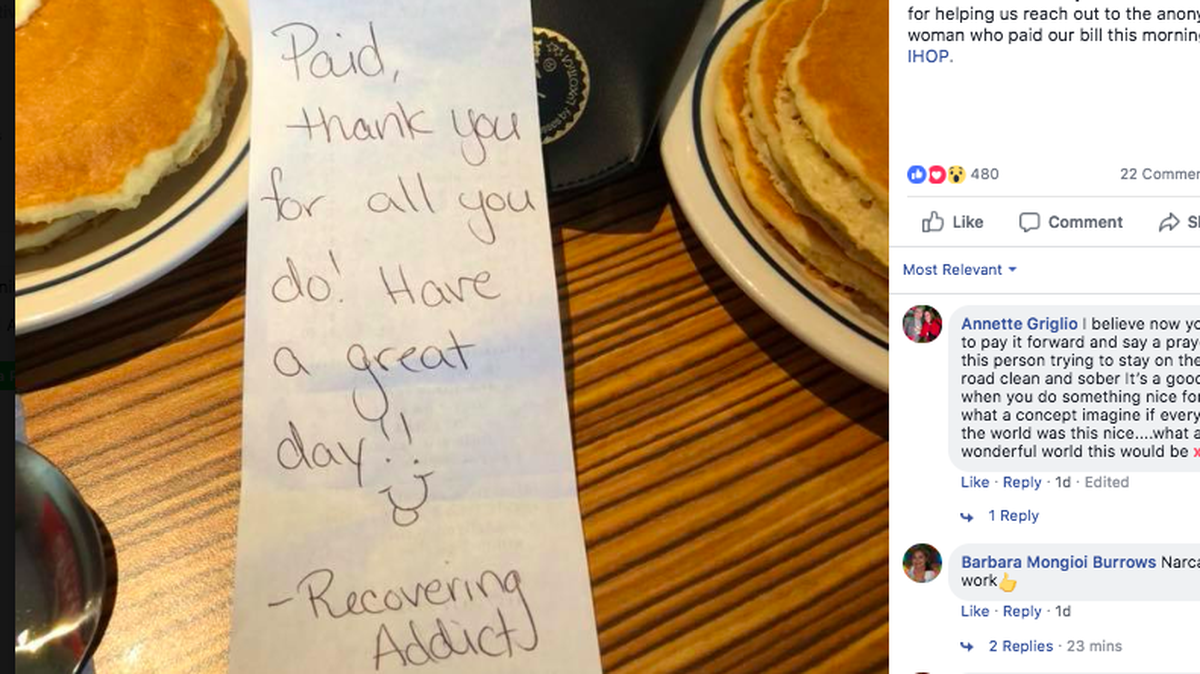 An anonymous donor covered an IHOP breakfast bill for a squad of first aid responders in New Jersey. The anonymous note was signed “a recovering addict.” The squad leader wants to find the donor and thank them for their kindness.