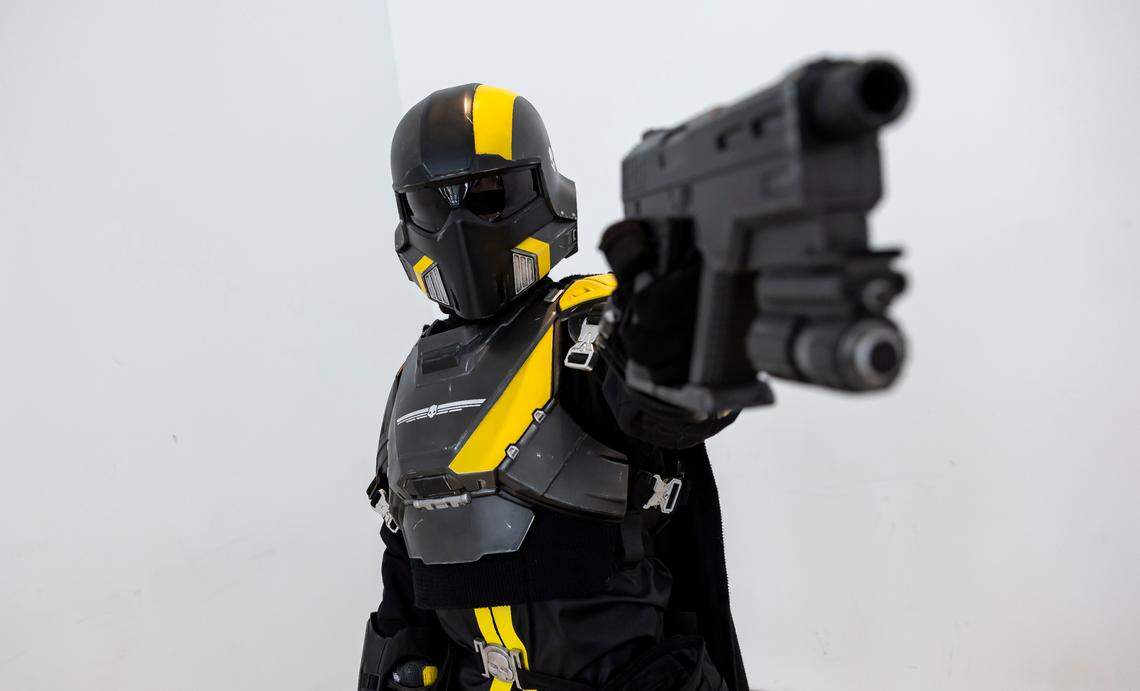 Bryan Farinas, 23, cosplays as B-01 from Helldivers 2 during Florida Supercon 2024 at the Miami Beach Convention Center on Saturday, July 13, 2024, in Miami Beach, Fla.