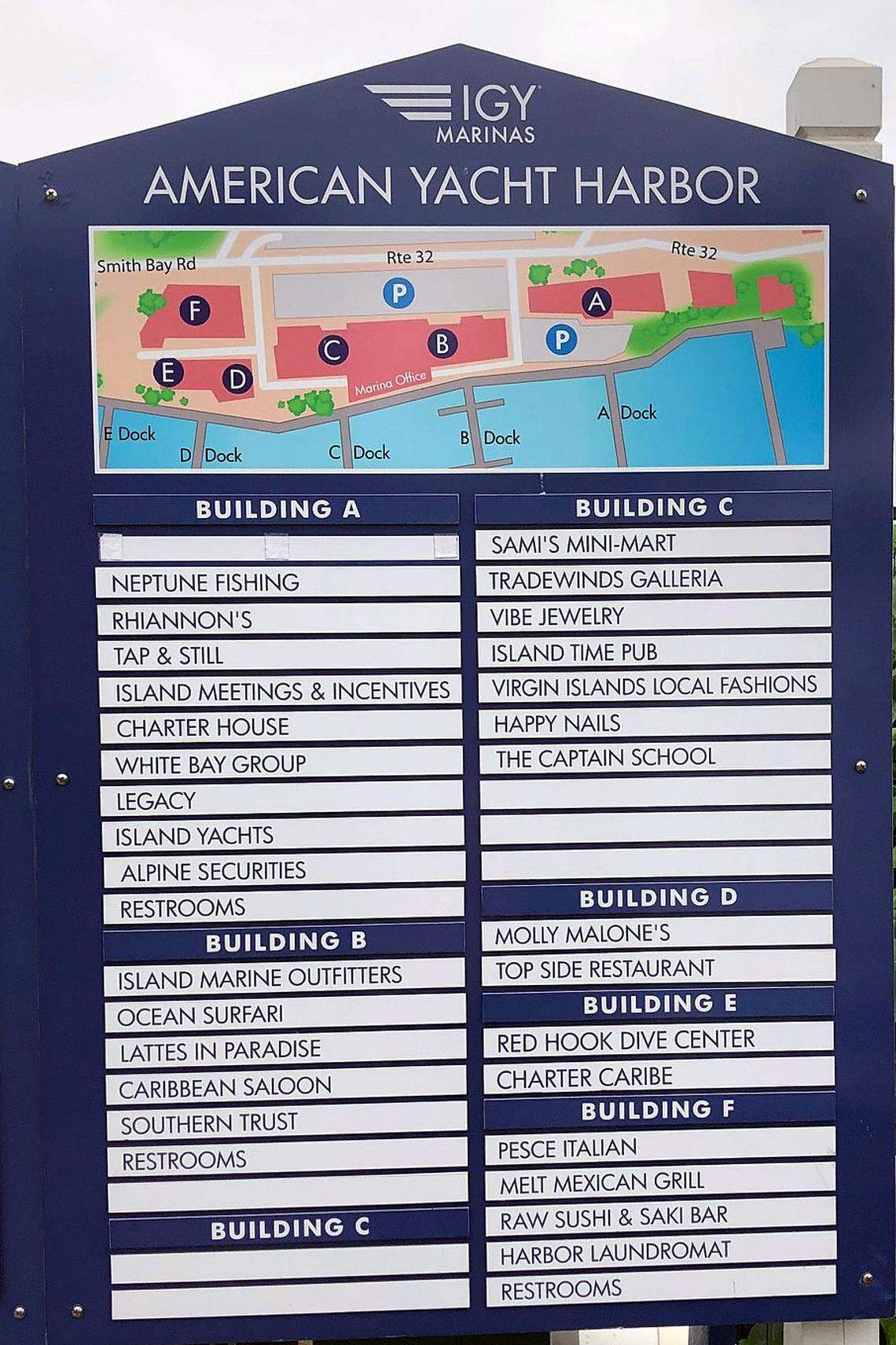 The signage at American Yacht Harbor in St. Thomas indicates the presence of Southern Trust, which was owned by Jeffrey Epstein.