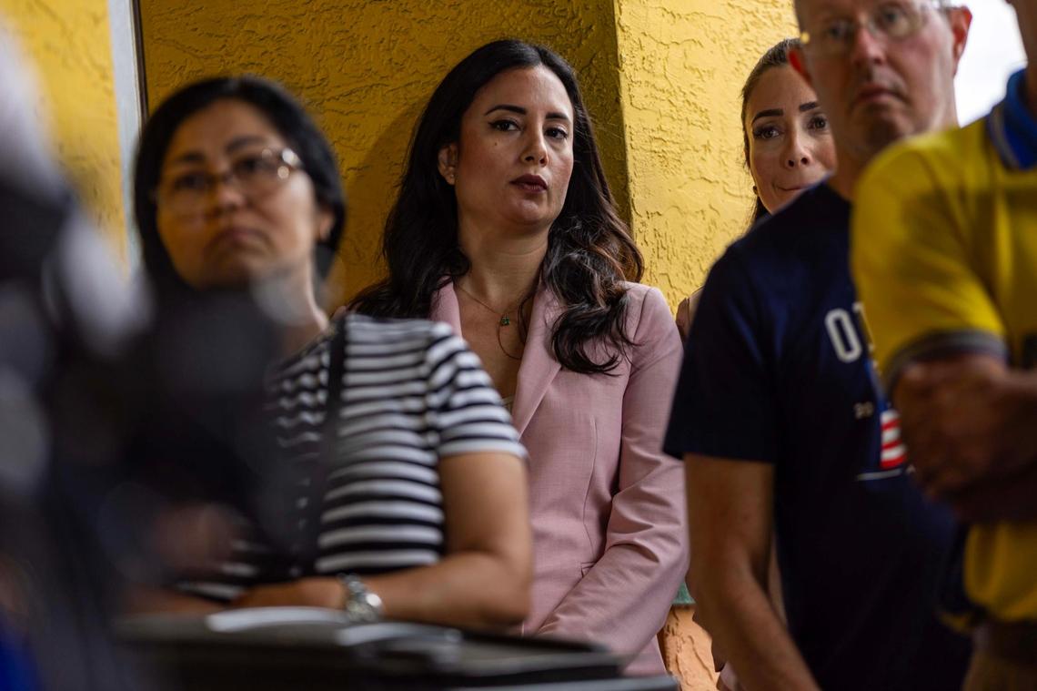 Doral Vice Mayor Maureen Porras listens to speakers during a press conference held by the Venezuelan American Caucus at El Arepazo on Monday, Feb. 3, 2025, in Doral.