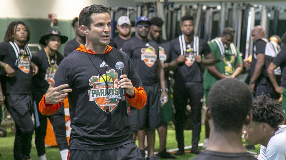 Head Coach Manny Diaz of the Miami Hurricanes football team speaks to top recruiting targets for UM during the annual Paradise Camp at the Carol Soffer Indoor Practice Facility in Coral Gables, Florida on Sunday, June 22, 2019.