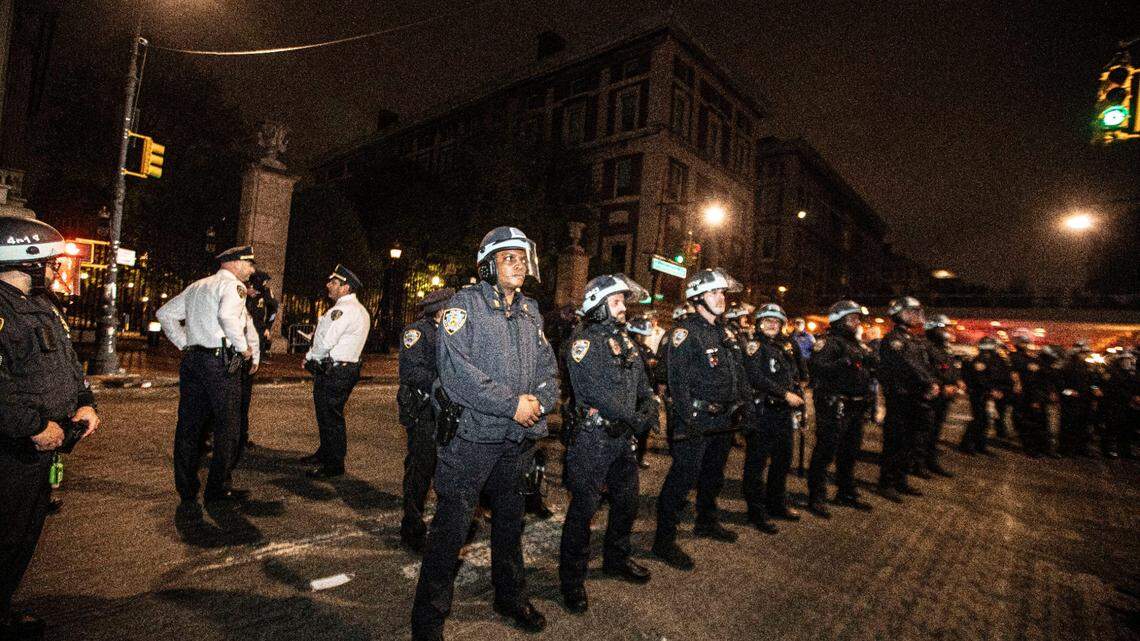 File photo of hundreds of police officers standing outside Columbia University on April 30 as they get ready to clear protesters from campus.