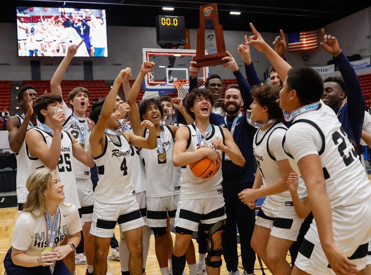 Riviera Prep team celebrates after defeating Windermere Prep during the FHSAA Class 3A State Championship at the RP Funding Center in Lakeland, Florida on Saturday, March 4, 2023.