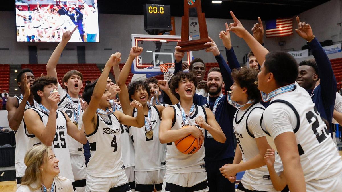 Riviera Prep team celebrates after defeating Windermere Prep during the FHSAA Class 3A State Championship at the RP Funding Center in Lakeland, Florida on Saturday, March 4, 2023.