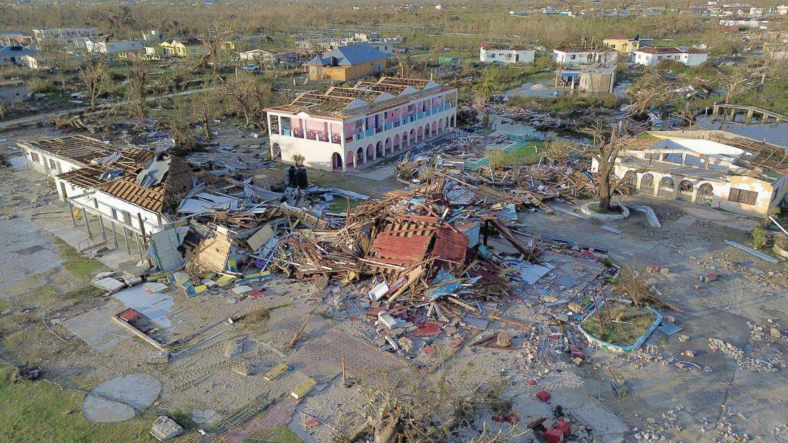 An aerial view of destroyed buildings following the passage of Hurricane Melissa, in Black River, St. Elizabeth, Jamaica on October 29, 2025.          