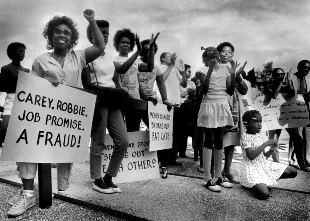 Residents protest against the construction of Joe Robbie Stadium on Dec. 1, 1985. On the far left is Cladys Johnson, of the Rolling Oaks Homeowners Association.