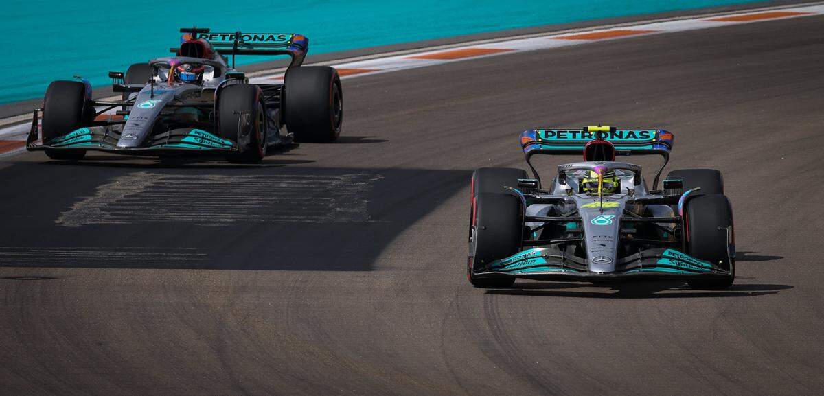Mercedes driver Lewis Hamilton of Britain leads teammate Mercedes driver George Russell of Britain, as he makes his way around the circuit (Turn 7) during the qualifying session of the Formula One Miami Grand Prix at the Miami International Autodrome in Miami Gardens, Florida on Saturday, May 7, 2022.