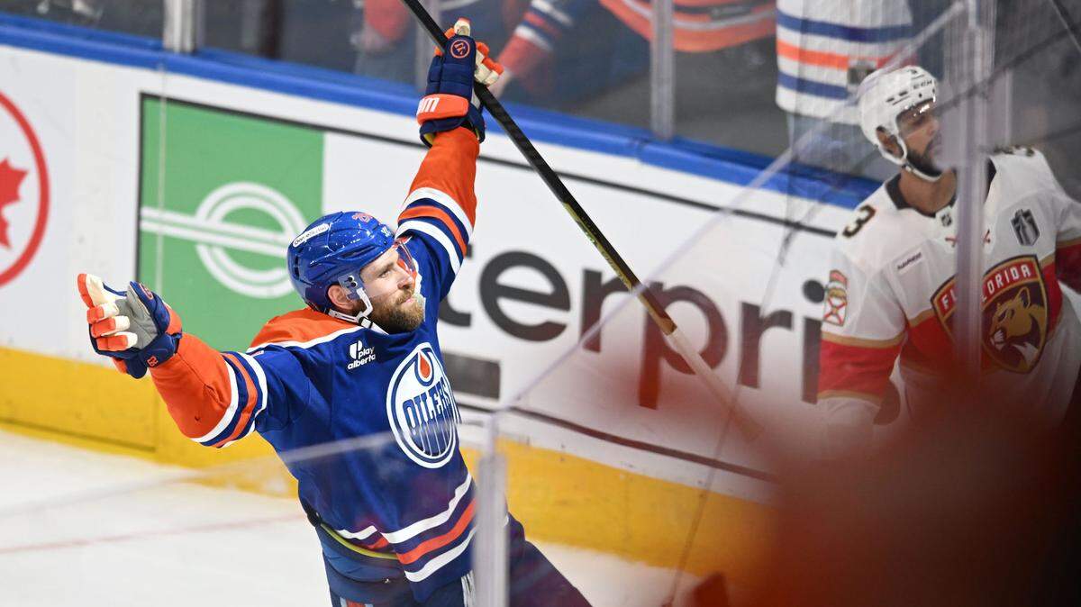 Jun 4, 2025; Edmonton, Alberta, CAN; Edmonton Oilers center Leon Draisaitl (29) reacts after scoring the game winning goal in overtime against the Florida Panthers in game one of the 2025 Stanley Cup Final at Rogers Place. Mandatory Credit: Walter Tychnowicz-Imagn Images