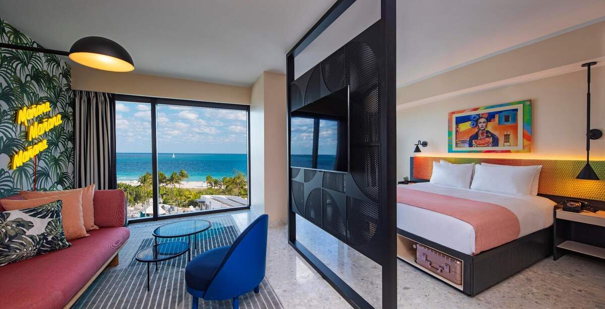 One of the rooms at the Moxy South Beach. There are also rooms with bunk beds for kids.