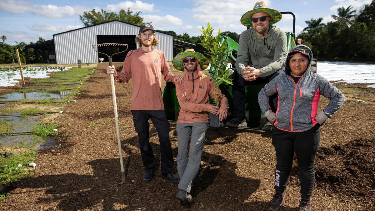 Chefs Austin Anderson, Joe Mizzoni, Jeremy Ford and farmer Griselda Maris at Ford’s Farm in the Redland, where they grow vegetables, fruit and herbs and plan to host farm-to-table dinners at the open-air barn structure behind them.