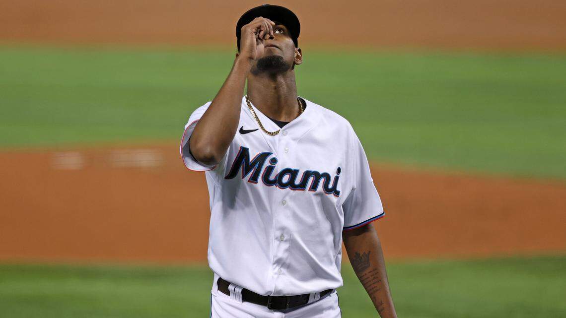Miami Marlins pitcher Edward Cabrera (79) react after finishing the second inning against the Washington Nationals of their baseball game at loanDepot park on Wednesday, August 25, 2021 in Miami, Florida.
