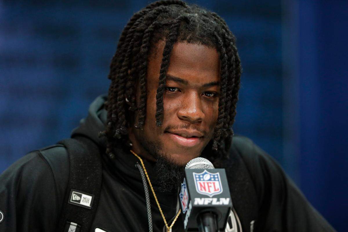 Alabama wide receiver Jerry Jeudy speaks during a press conference at the NFL football scouting combine in Indianapolis, Tuesday, Feb. 25, 2020.