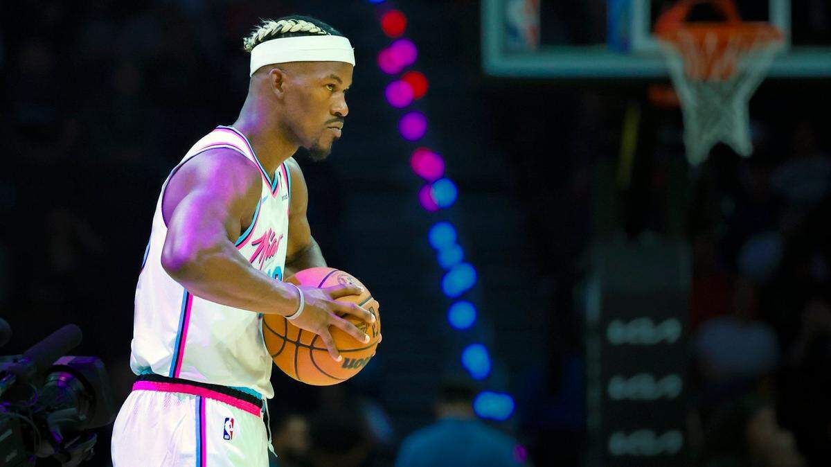 Miami Heat forward Jimmy Butler (22) on the court during the game against the Denver Nuggets in the first half of their NBA basketball game at Kaseya Center in Miami on January 17, 2025.