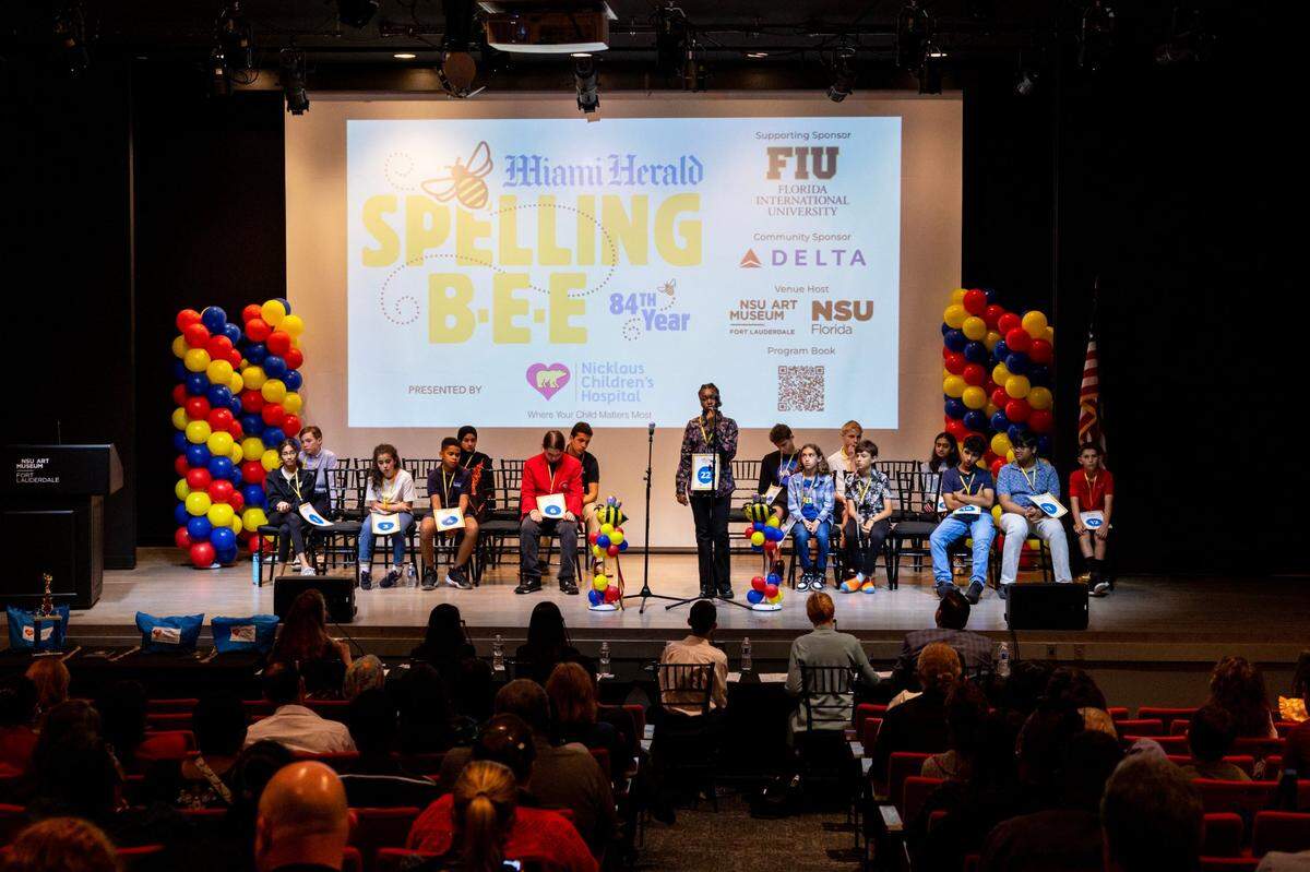 Seventh grader Dahana Destinoble from Sunrise Middle School spells during the 3rd round of the Miami Herald Broward County Spelling Bee at NSU Art Museum in Fort Lauderdale, Florida on Thursday, March 7, 2024.