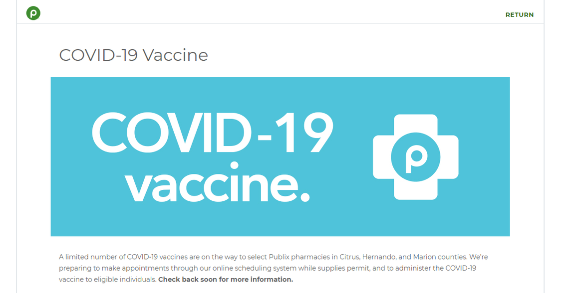Florida Gov. Ron DeSantis announced Publix will be giving about 15,000 doses of the Moderna COVID-19 vaccine in 22 of its stores in Citrus, Hernando and Martin counties.