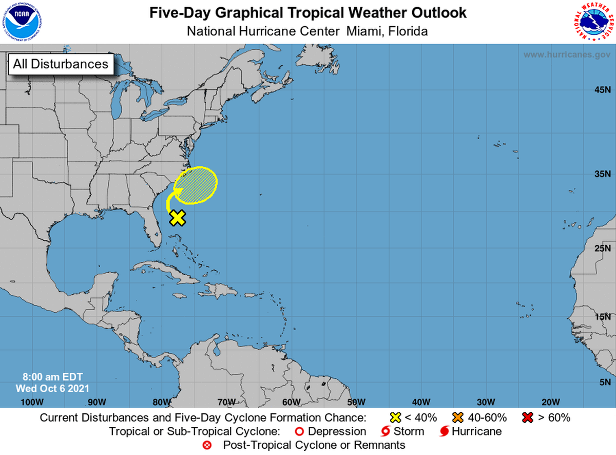 The National Hurricane Center in Miami’s 8 a.m. Oct. 6, 2021 advisory map.