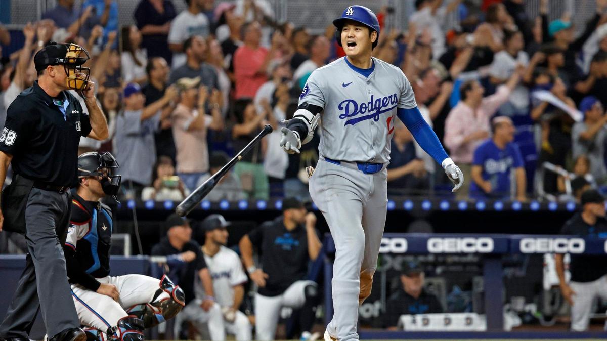 Los Angeles Dodgers Shohei Ohtani (17) reacts after hitting his 50th home run on a fly ball to left field against the Miami Marlins in the 7th inning during an MLB game at loanDepot Park in Miami Thursday, September 19, 2024.