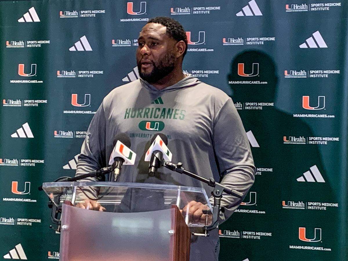 Miami Hurricanes defensive tackles coach Damione Lewis speaks during an introductory press conference on Thursday, Feb. 27, 2025, on the University of Miami campus in Coral Gables, Florida.