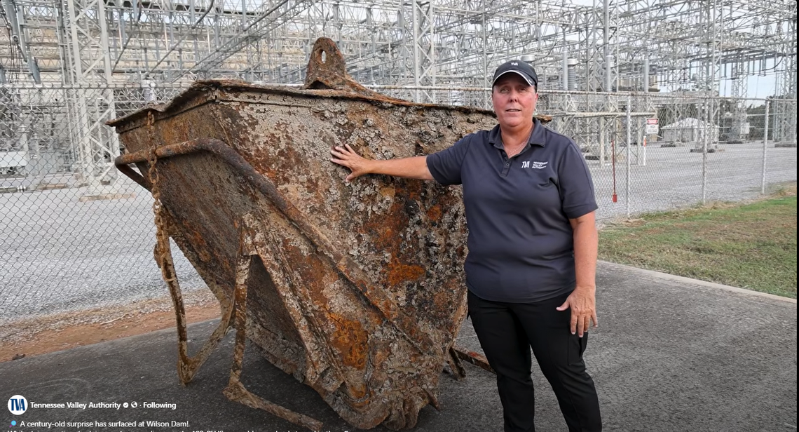 Wilson Dam plant manager Tabatha Lolley said the bucket was found while a crane was pulling debris off the river bed in front of the dam. It remains a mystery how it got there, given “just a handful” were used during construction.