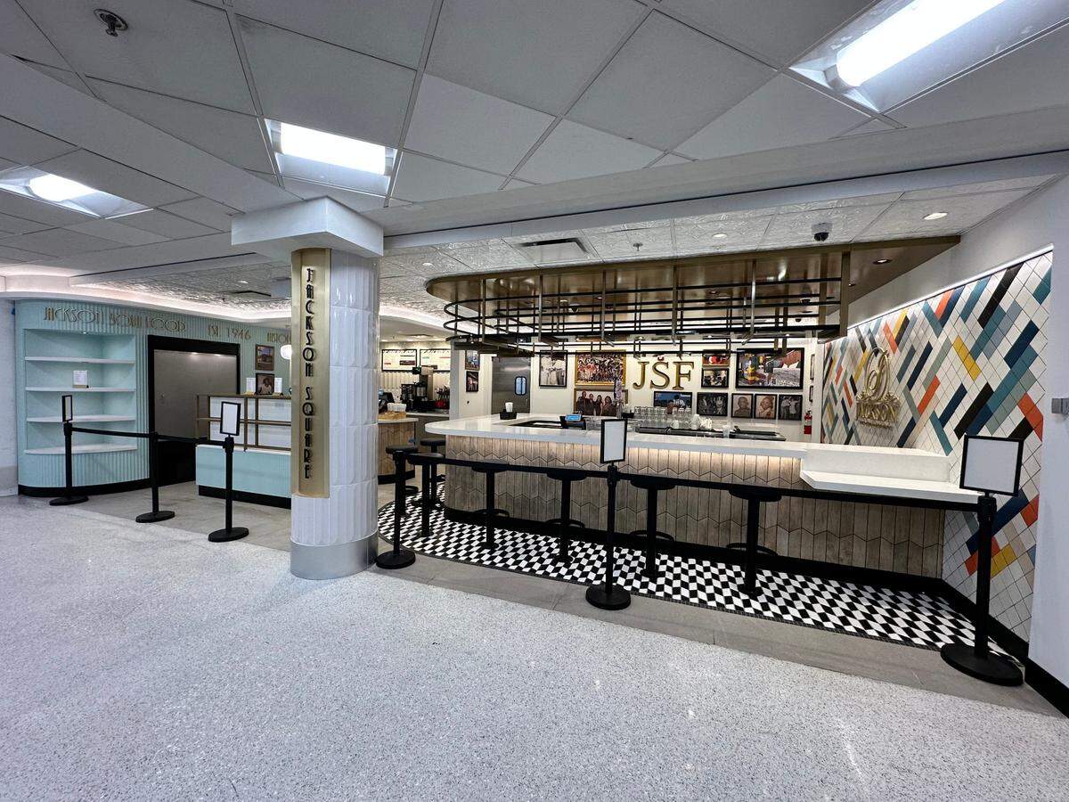 The Jackson Square area at Miami International Airport in Concourse E near gate E2 features locally-owned Jackson Soul Food and its franchisee, Chick-fil-A.