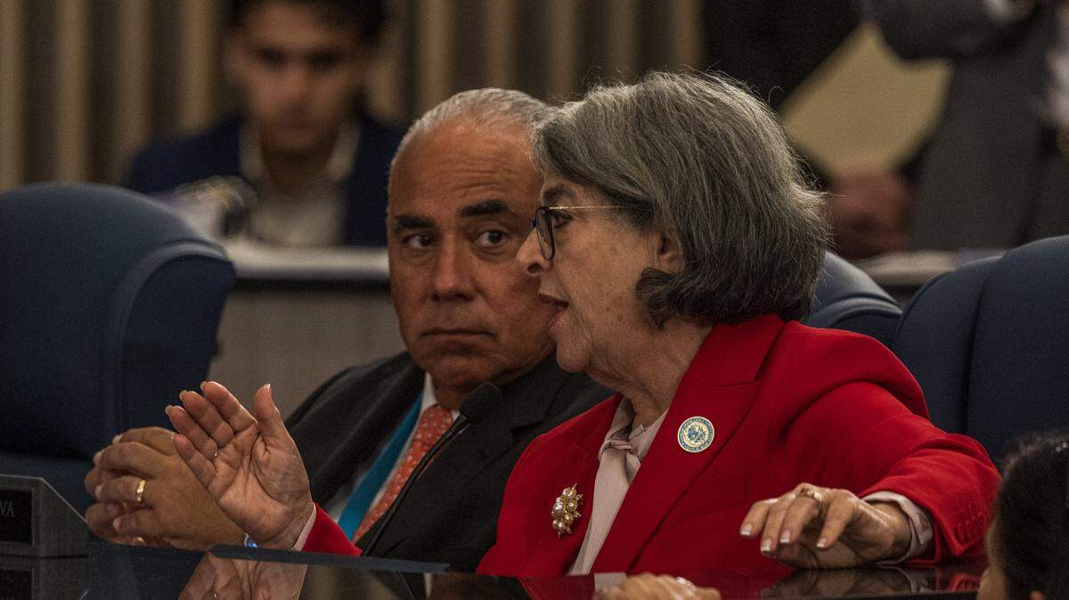 Miami-Dade County Manager Jimmy Morales listens as Mayor Daniella Levine Cava talks during a Commission meeting at the County Commission Chambers, on Tuesday June 02, 2026.