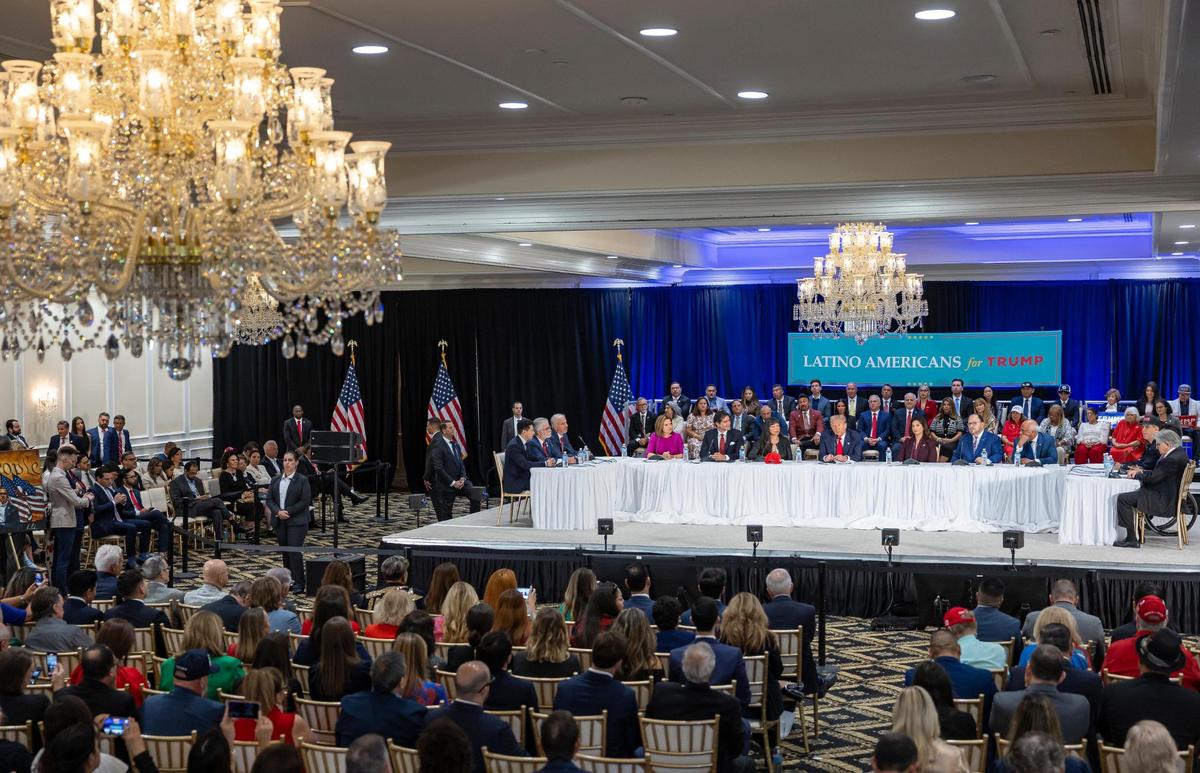 Republican presidential candidate and former President Donald Trump speaks during a roundtable discussion with local Latino leaders at Trump National Doral Miami on Tuesday, Oct. 22, 2024, in Doral, Fla.