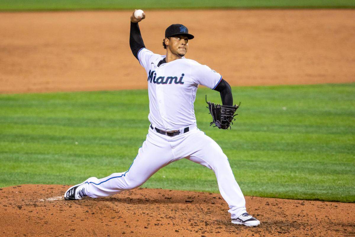 Marlins right-handed pitcher Elieser Hernandez (57) pitches the ball during a intra squad simulated game at Marlins Park in Miami, Florida on Friday, July 17, 2020.