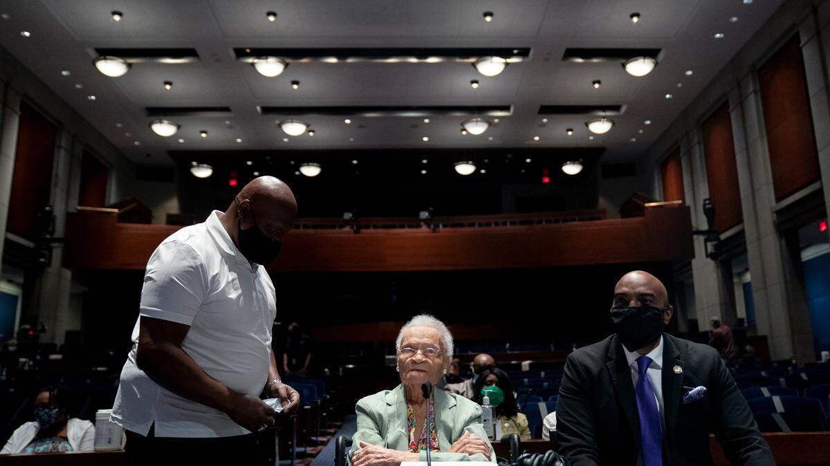 FILE -- Viola Ford Fletcher, 107, the oldest living survivor of the Tulsa Race Massacre, before a Subcommittee on Civil Rights and Civil Liberties hearing in Washington on Wednesday, May 19, 2021. An event commemorating the 100th anniversary of the massacre was abruptly called off amid an intensifying debate over who should compensate the few survivors of the massacre and their descendants. (Stefani Reynolds/The New York Times)